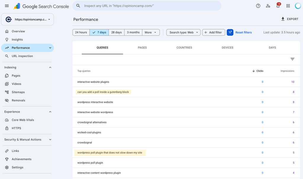 Google Search Console Queries report showing AI tracking prompts as search queries with impressions and zero clicks